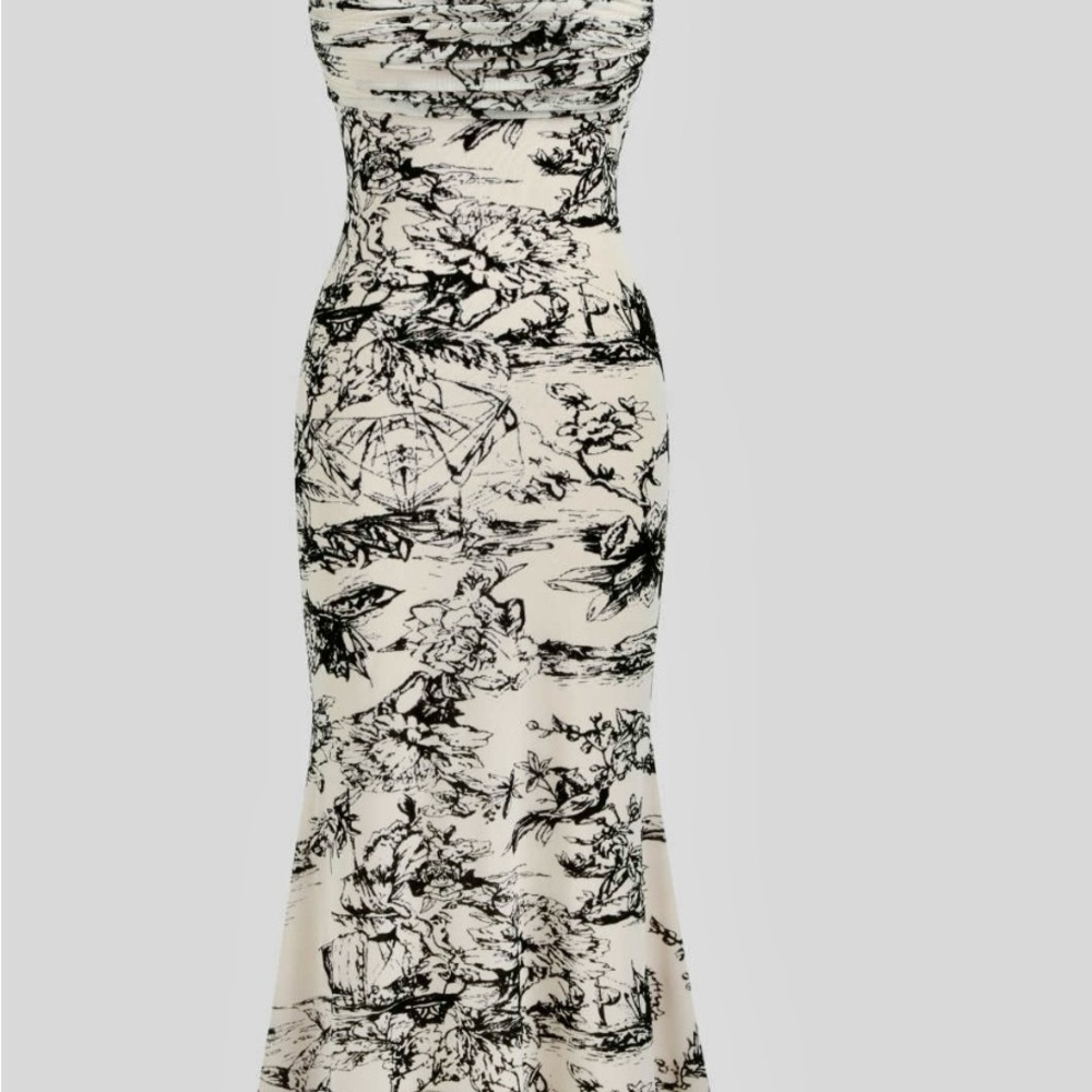 Cider Strapless Dress in Black and Cream Floral